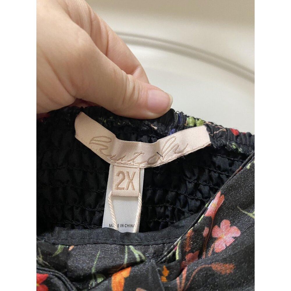 Hutch Olani Dress Womens 2XL Black Floral Maxi Bow Front Smocked Back Pockets - Picture 3 of 6